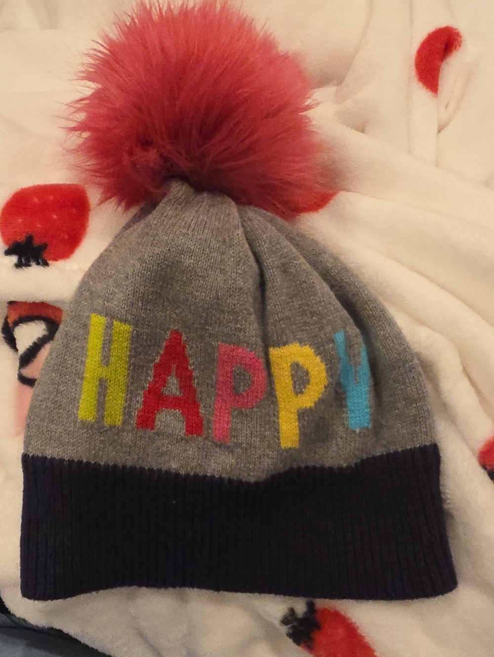 A2 Gap Kids Gray 'HAPPY' Knit Beanie with Pink Pom Pom